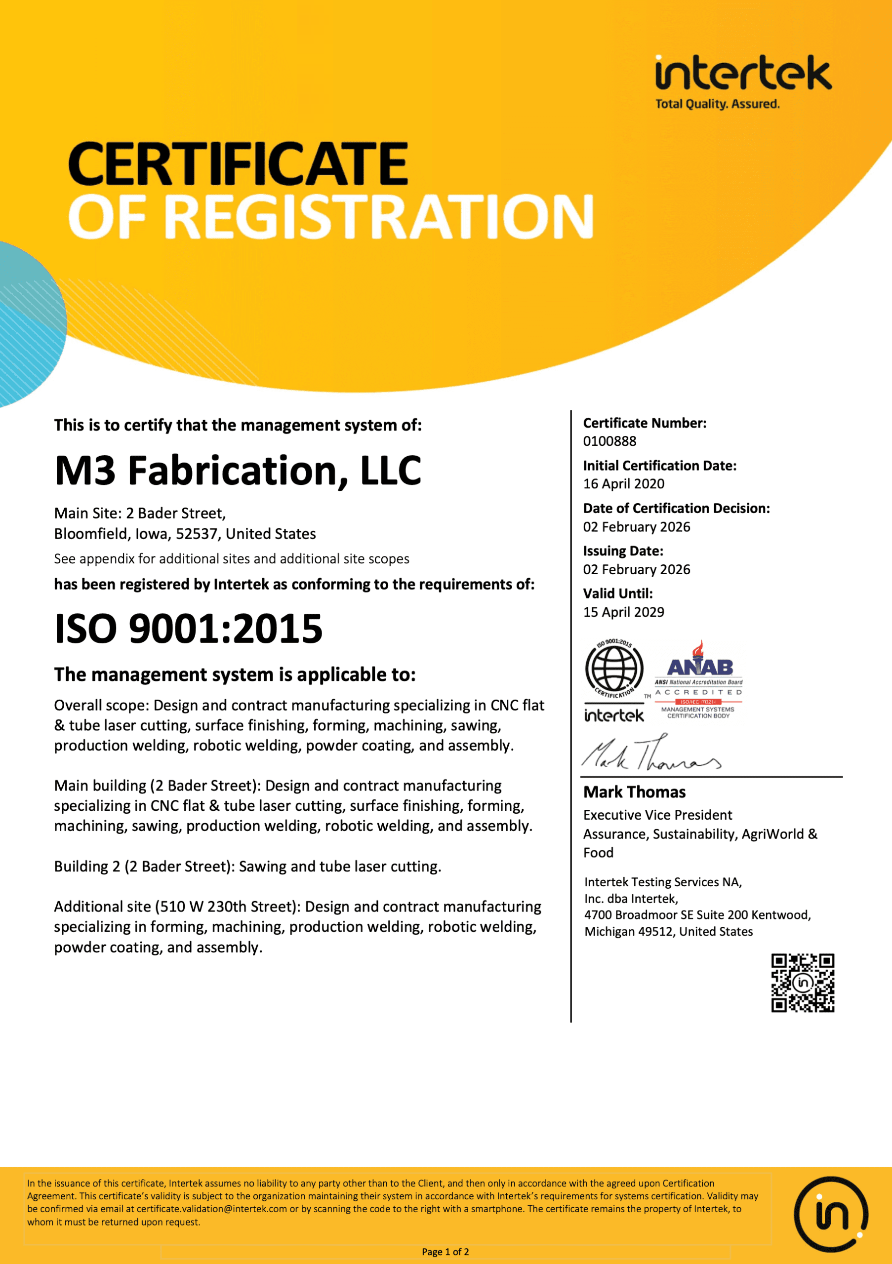 ISO 9001:2015 certification page 1